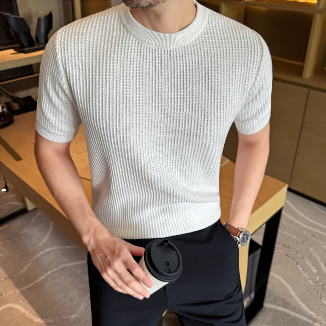 Men's Thick Waffle Knit Cotton Round Neck Sweater