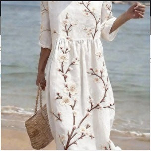 Women's floral print long-sleeved round-neck dress