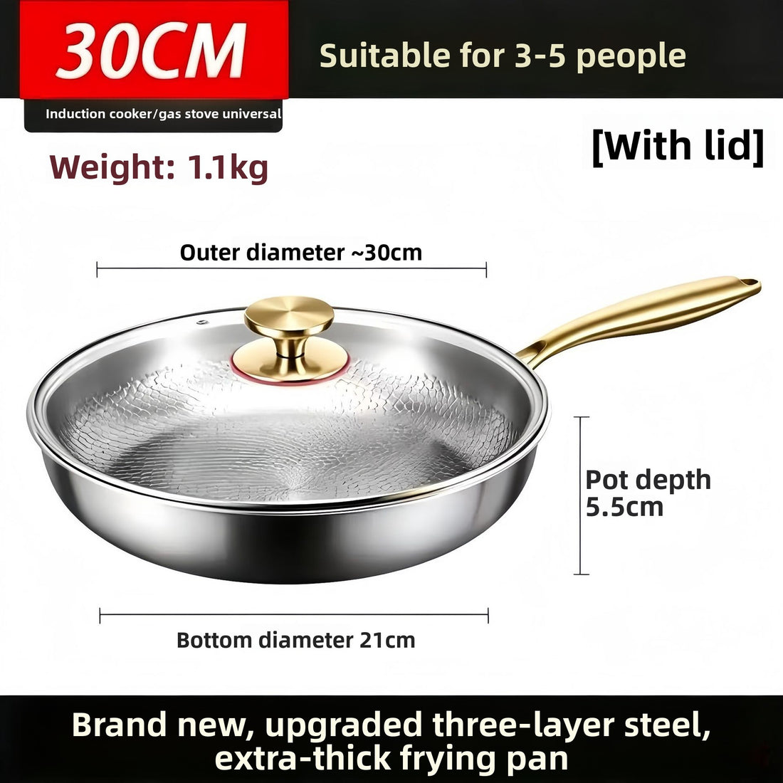 304 Stainless Steel Frying Pan with Gold-Tone Handle