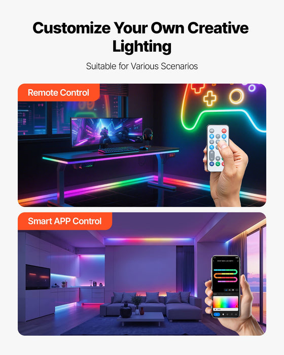 Neon rope light controlled by remote in a game room and by phone app in a bedroom