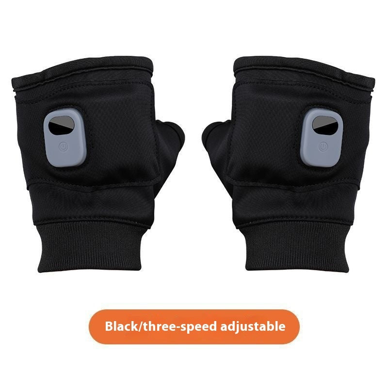 Pair of black heated fingerless gloves with control buttons