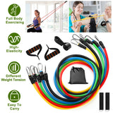 Five color-coded resistance tubes with carabiners, foam handles, a door anchor, ankle straps, and a carry bag
