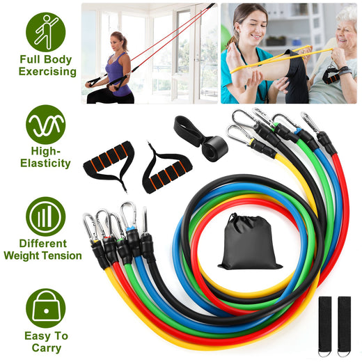 Five color-coded resistance tubes with carabiners, foam handles, a door anchor, ankle straps, and a carry bag