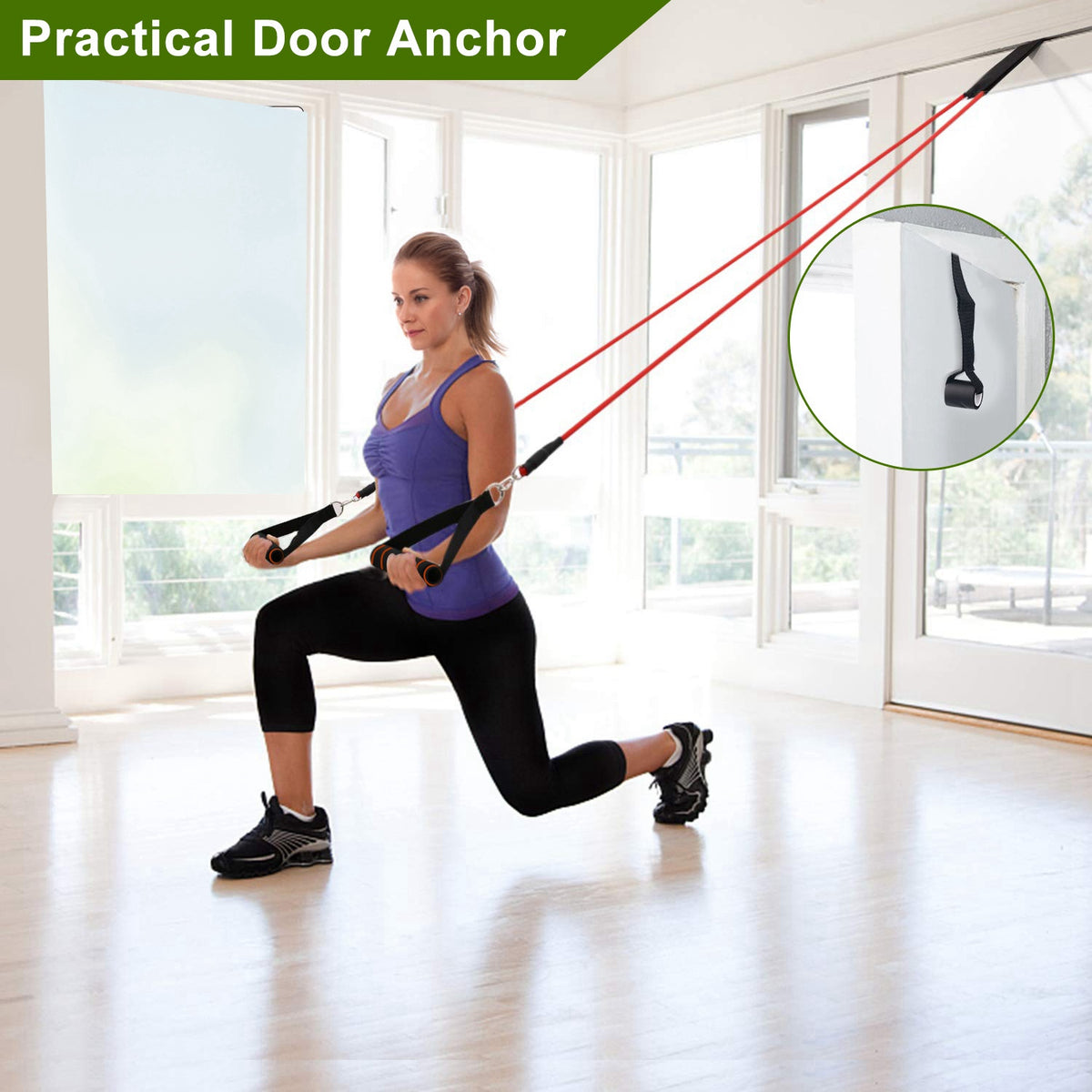 Woman doing a lunge while pulling resistance bands anchored to a door, with inset of the door anchor attachment