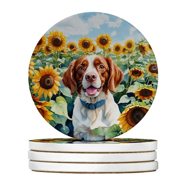 Sandstone coasters set of 4 with Brittany spaniel and sunflowers watercolor, Style6