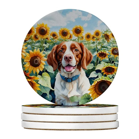 Sandstone coasters set of 4 with Brittany spaniel and sunflowers watercolor, Style6