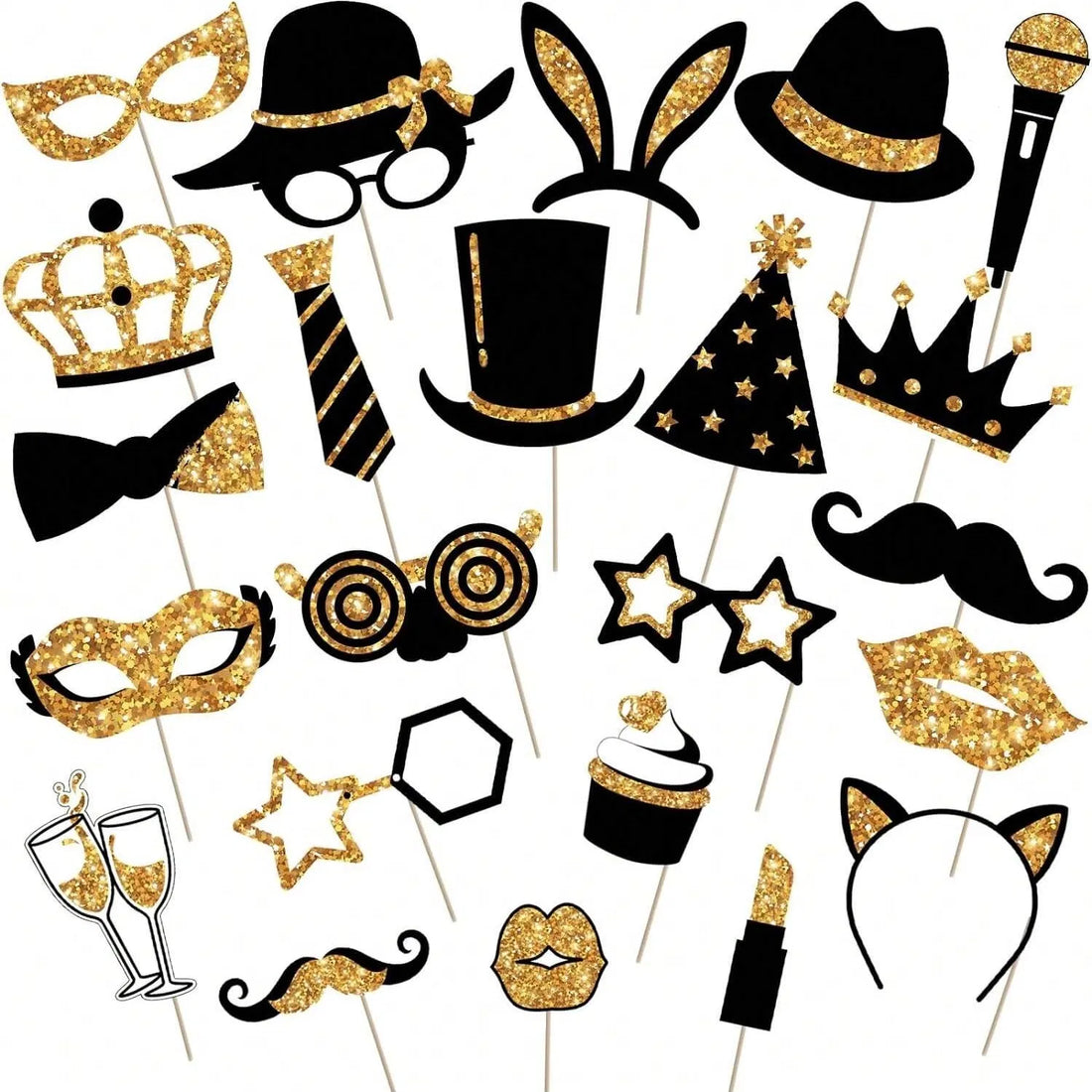 Black and gold photo booth props laid out: masks, crowns, mustaches, bunny ears