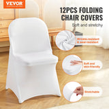 Single white spandex chair cover stretched over a folding chair