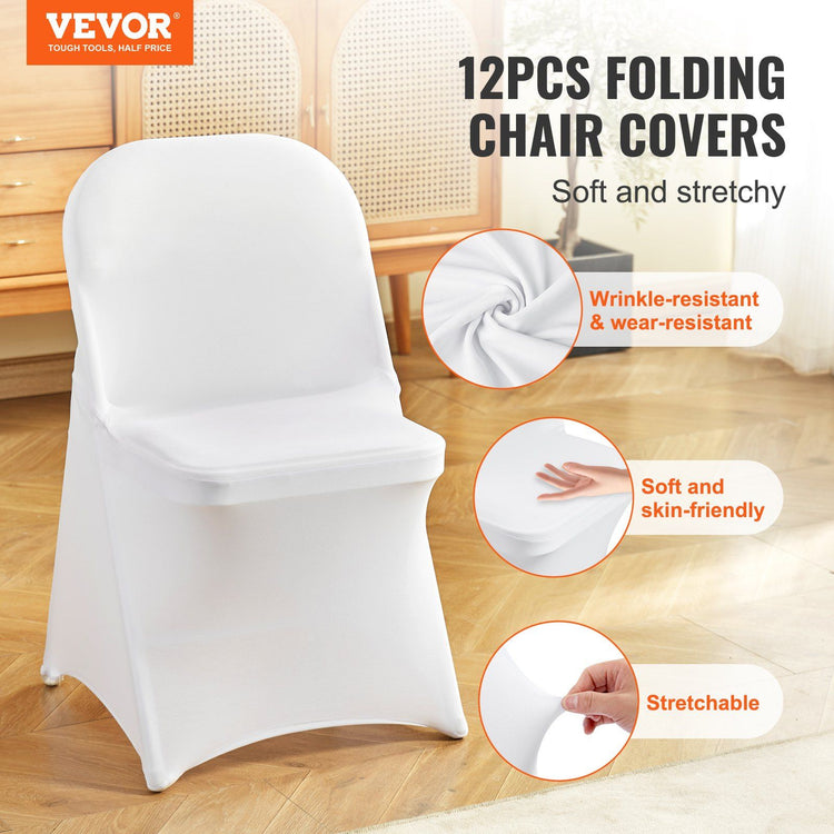 Single white spandex chair cover stretched over a folding chair