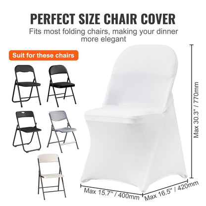 Row of folding chairs in white spandex covers at an event