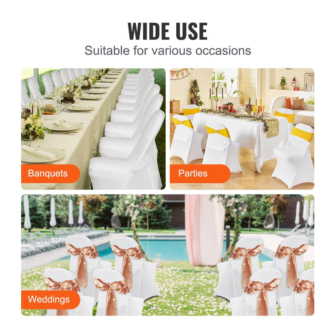 White spandex chair covers paired with decorative sashes