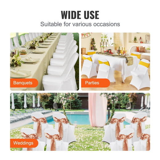 White spandex chair covers paired with decorative sashes