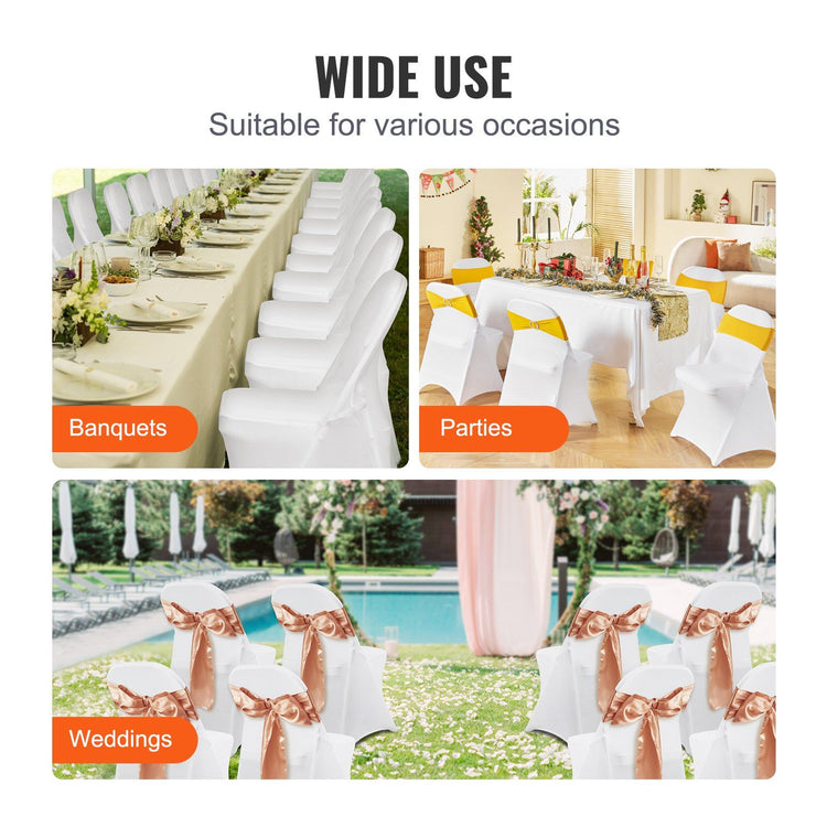 White spandex chair covers paired with decorative sashes