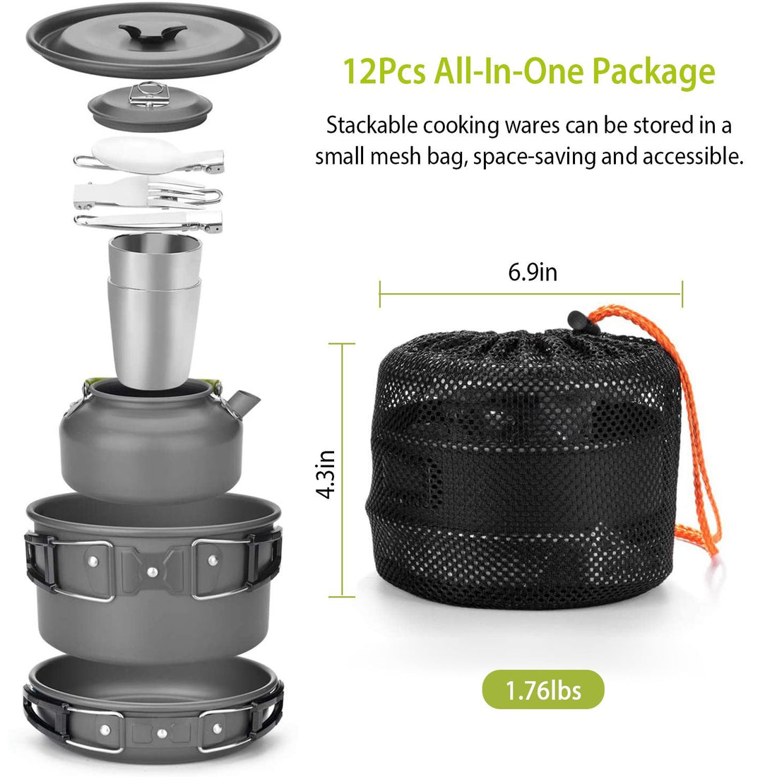 Arbasa 12-Piece Camping Cookware Set angle view