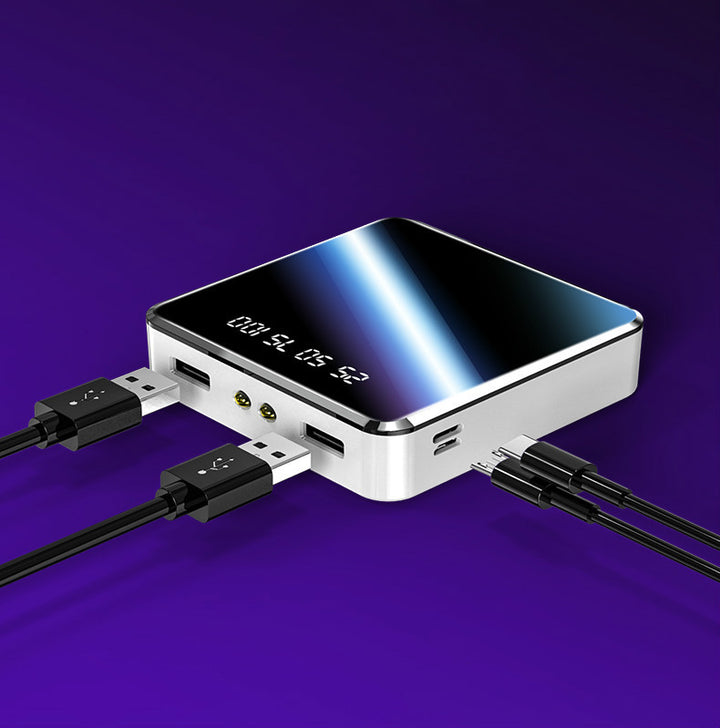 Power bank shown next to a phone for size comparison
