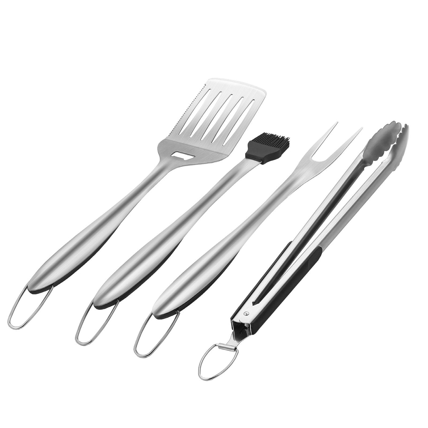 BBQ tool set hanging on a grill rack