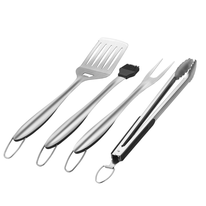 BBQ tool set hanging on a grill rack
