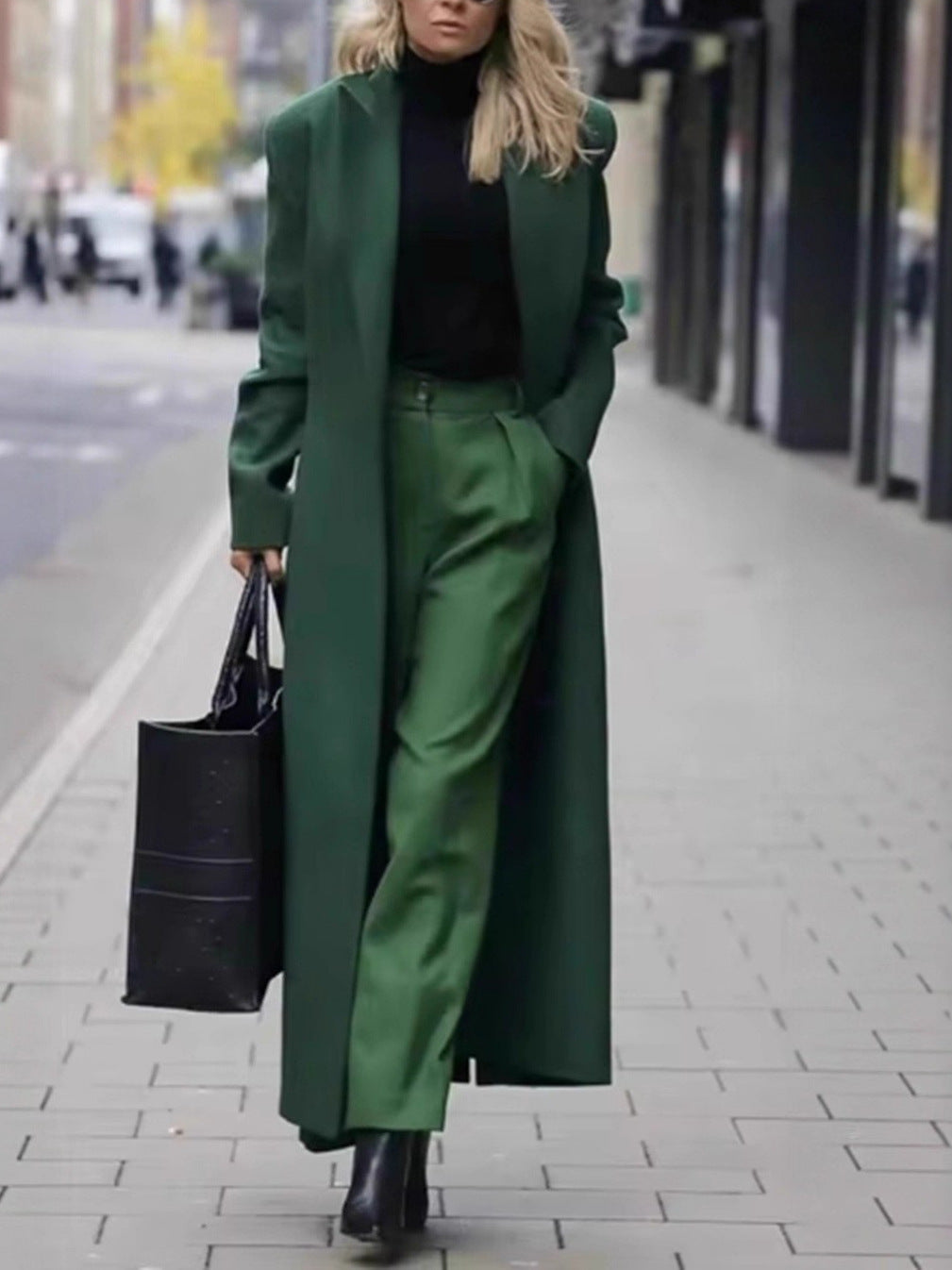 Long Wool Blend Coat with V-Neck