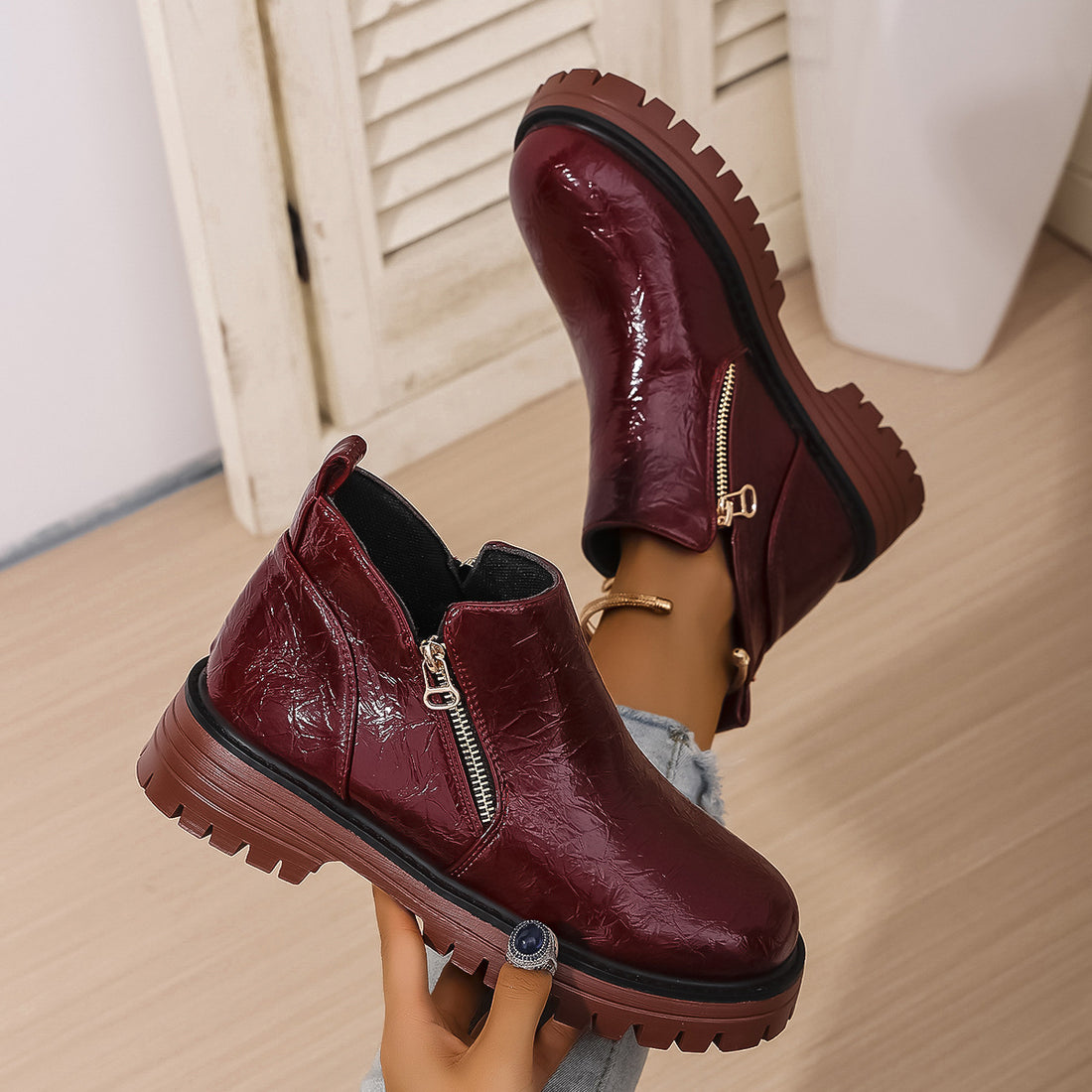 Women's round toe square heel short boots in snake and two-tone styles, photo 8