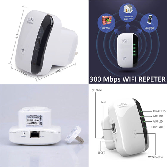 WiFi repeater shown from several angles with label and ports