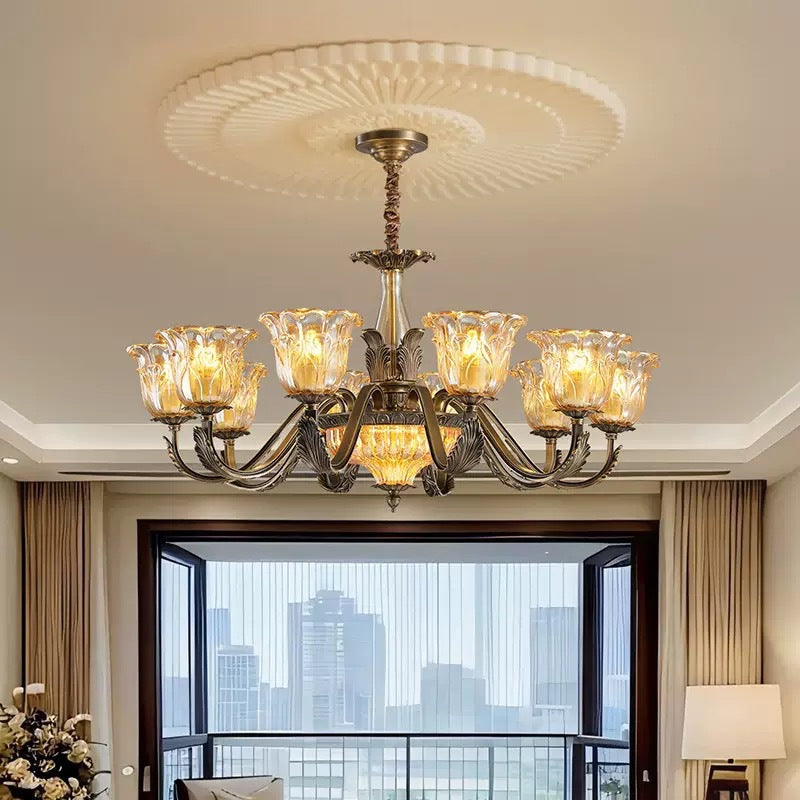 All-Copper American Retro Multi-Head Chandelier Glass Shade Pendant Light for Living Room Dining Room