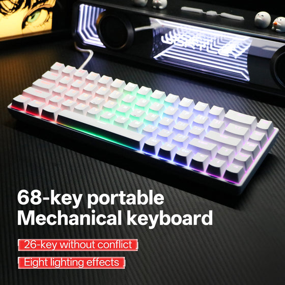White compact mechanical keyboard with RGB backlight on a gaming desk