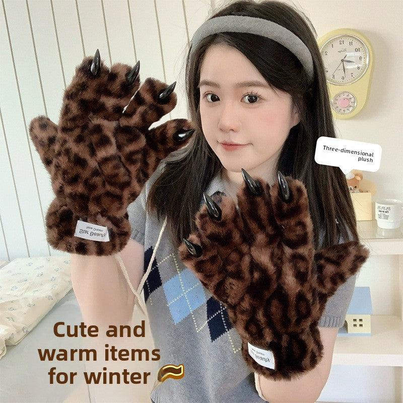 Plush leopard print five-finger winter gloves, photo 3