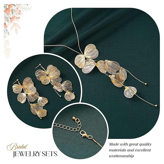 Gold ginkgo leaf necklace and earrings set with clasp detail, bridal jewelry