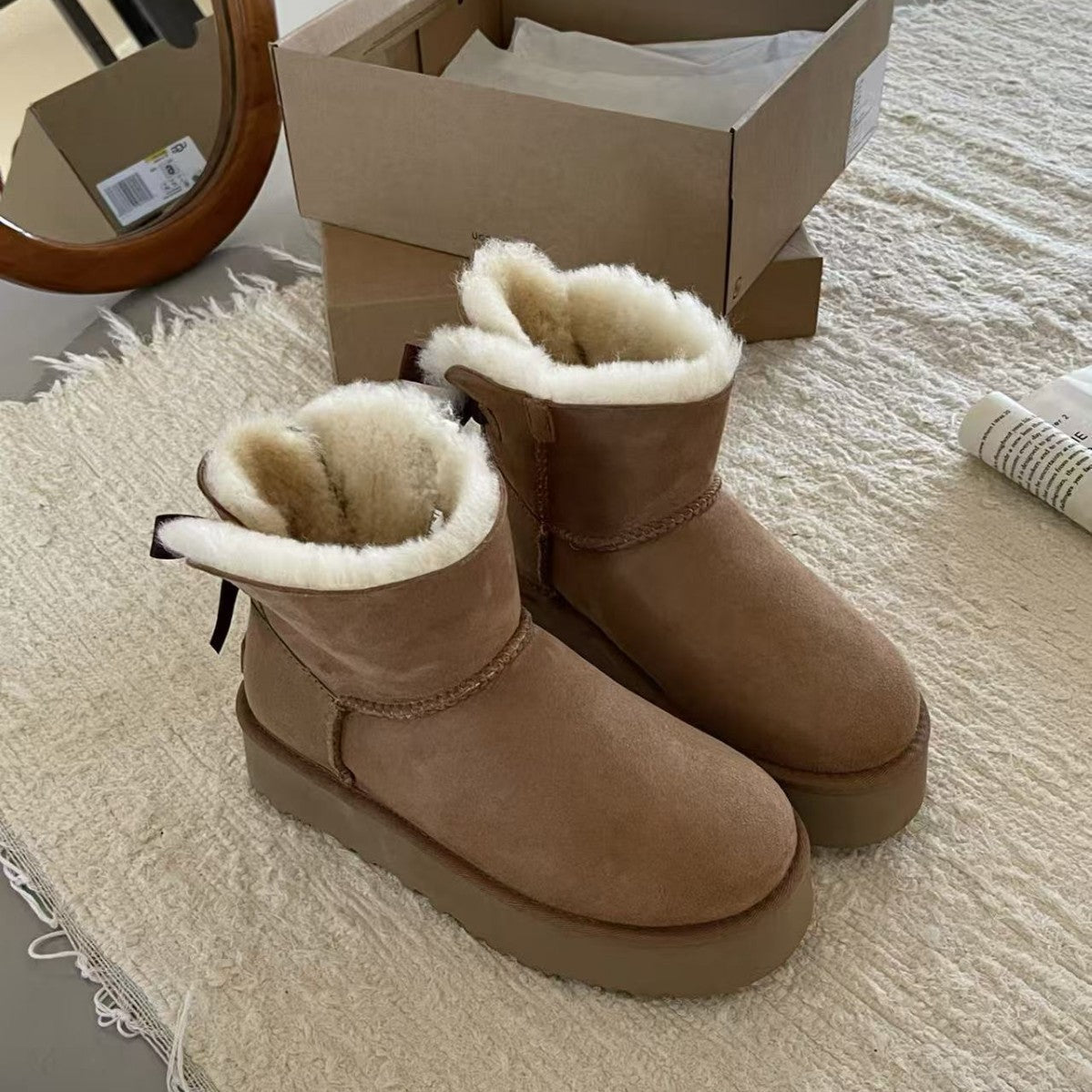 Classic Sheepskin Snow Boots with Ribbon Bow