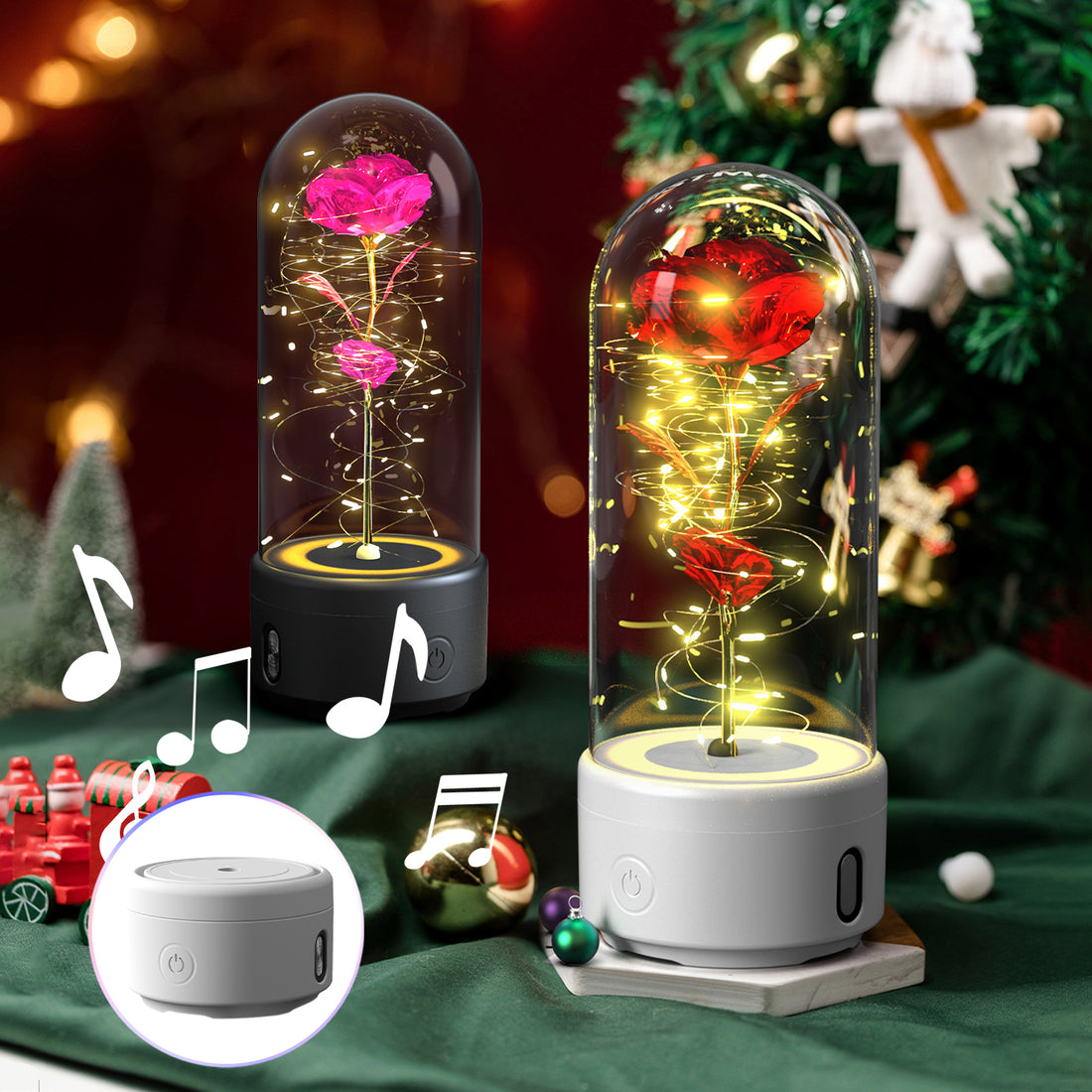 Enchanted gold rose LED lamp in a glass dome with Bluetooth speaker base and music notes