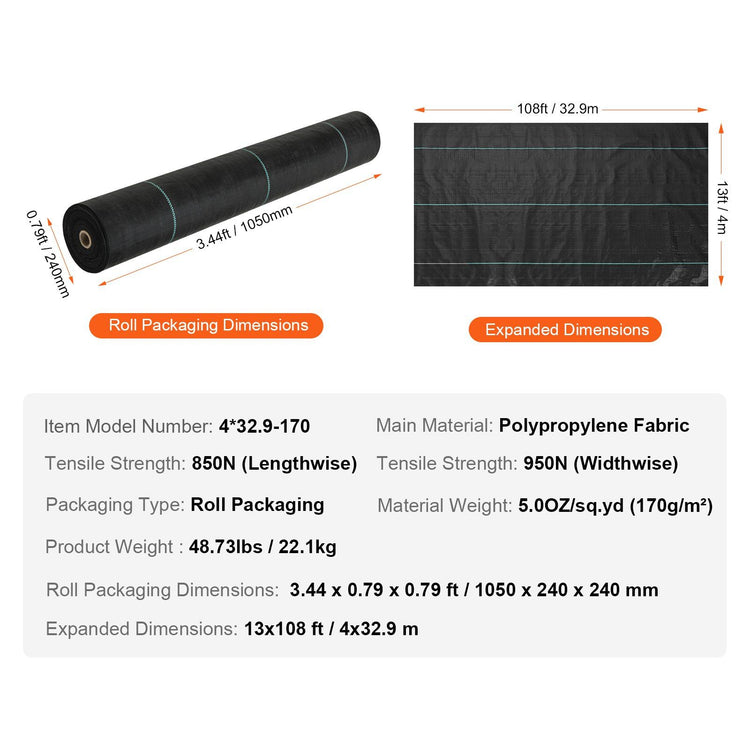 13FT x 108FT Weed Barrier Fabric scale and dimension reference