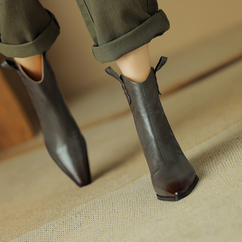 Pointed Toe Thick Heel Genuine Leather Ankle Boots