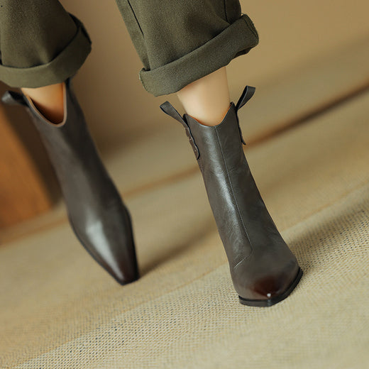 Pointed Toe Thick Heel Genuine Leather Ankle Boots