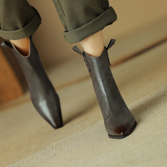Pointed Toe Thick Heel Genuine Leather Ankle Boots