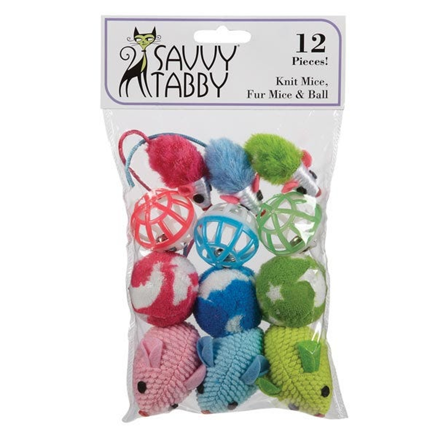 Savvy Tabby Knit Mice, Fur Mice & Ball Cat Toys, 12-Pack