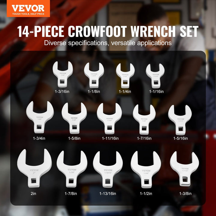 14-piece SAE crowfoot wrench set with storage tray