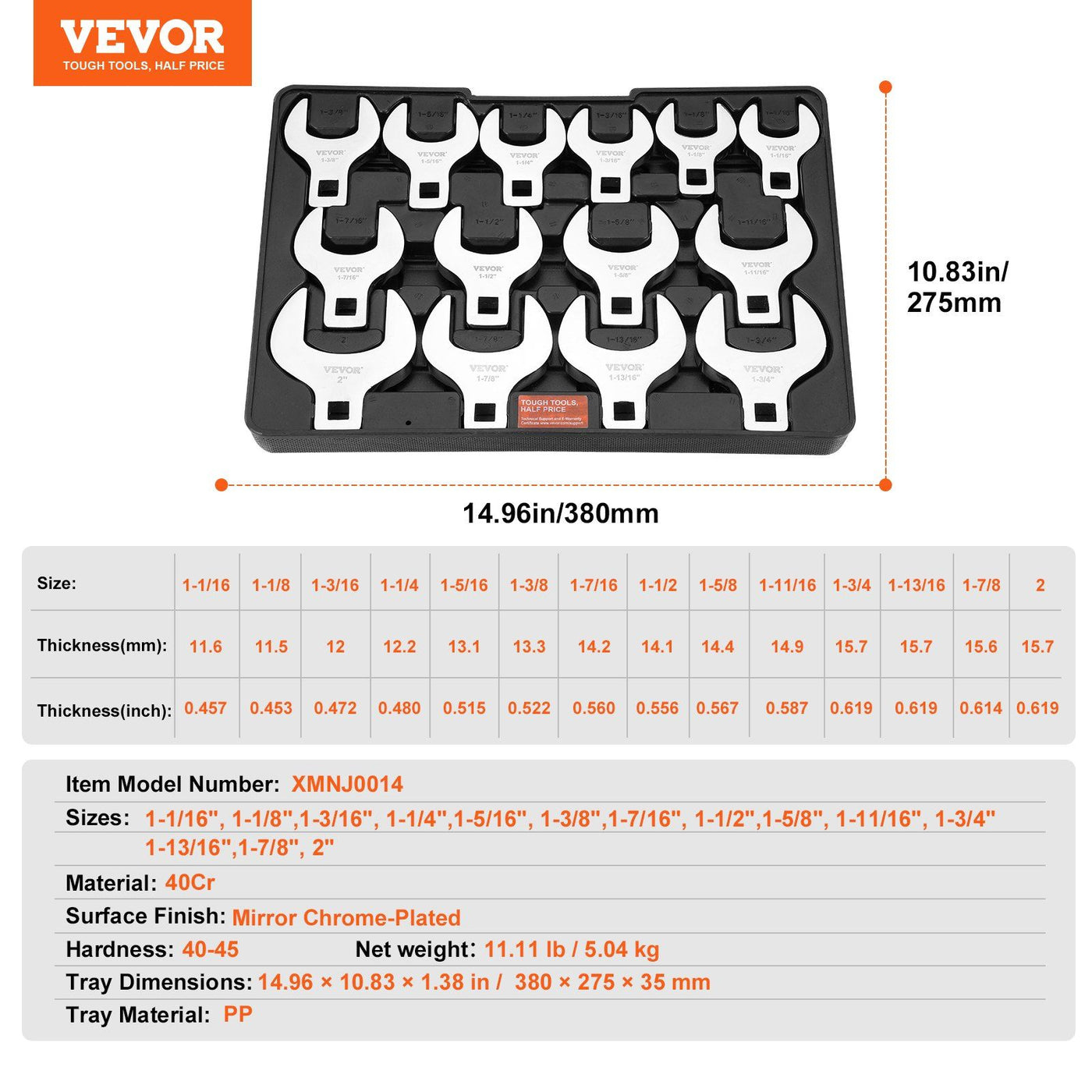 14-piece SAE crowfoot wrench set with storage tray