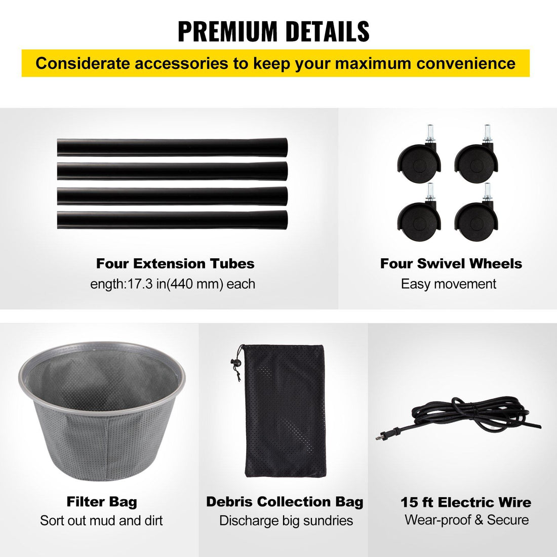 1400W pond vacuum cleaner kit with brush heads and extension tubes
