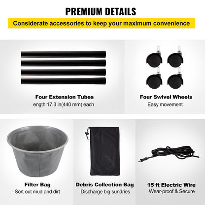 1400W pond vacuum cleaner kit with brush heads and extension tubes