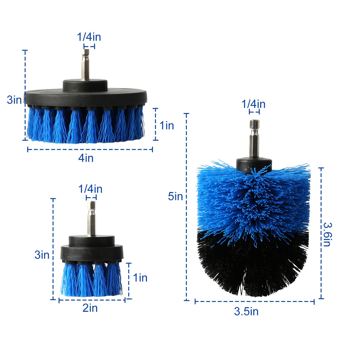 Blue drill brushes with size measurements