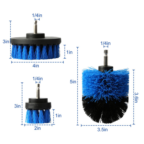 Blue drill brushes with size measurements