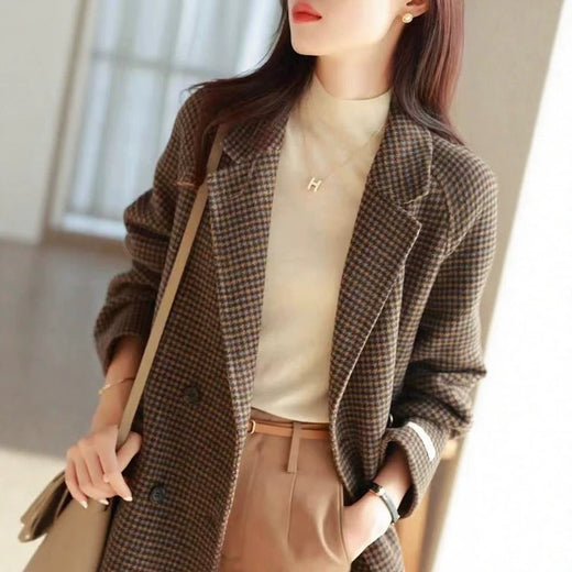 Women's loose mid-length checked wool coat