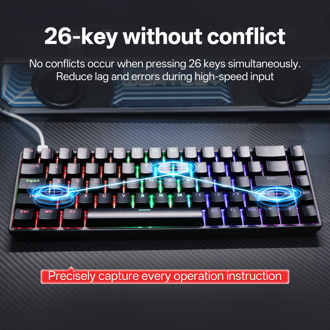 Black mechanical keyboard with RGB lights and anti-ghosting graphic