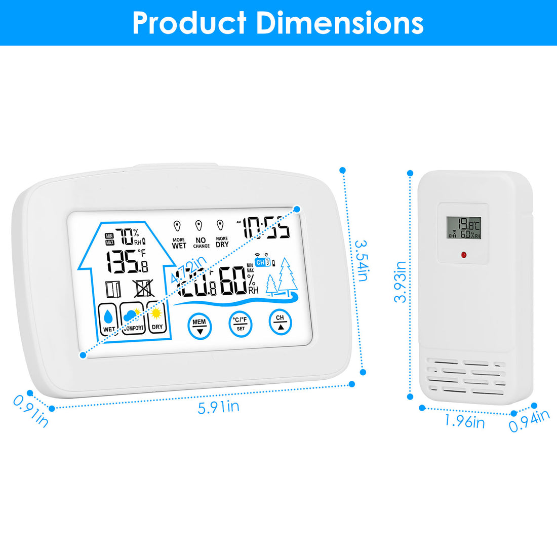 Weather station and sensor dimensions in inches