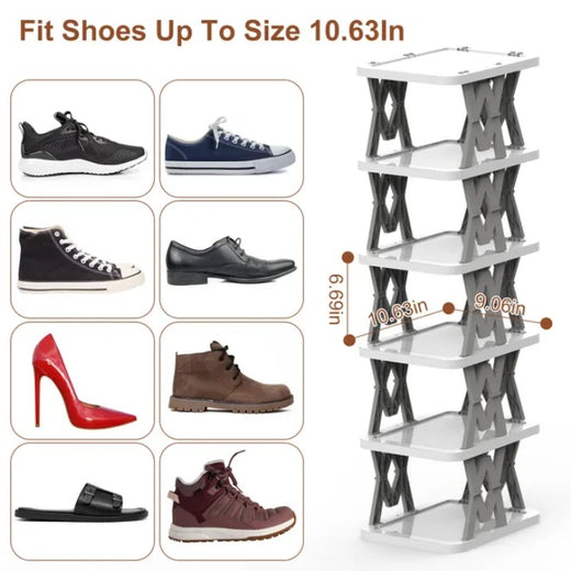 Close-up of slim shoe rack tier shelves