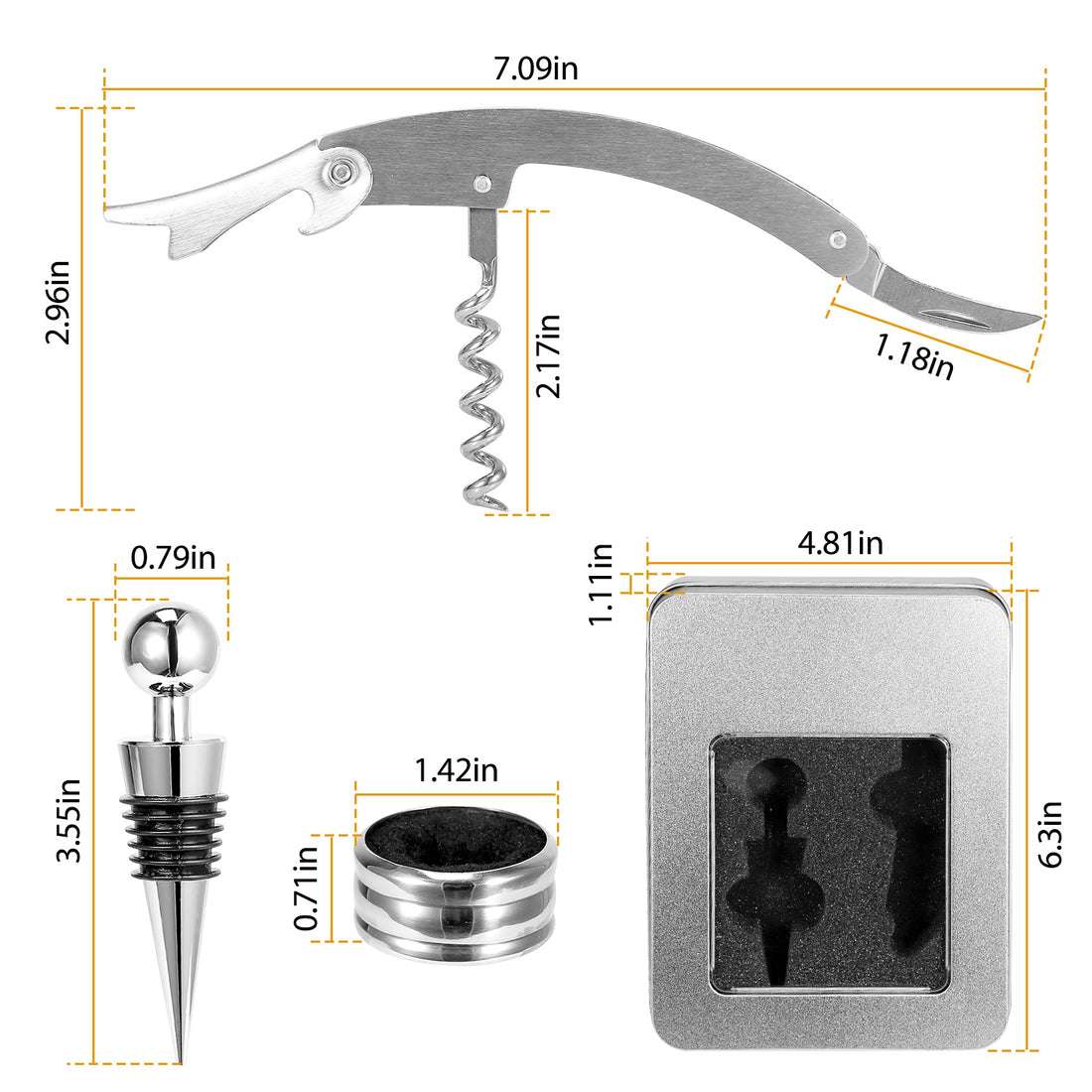 Dimensions of the corkscrew, stopper, drip ring and tin
