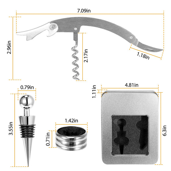 Dimensions of the corkscrew, stopper, drip ring and tin