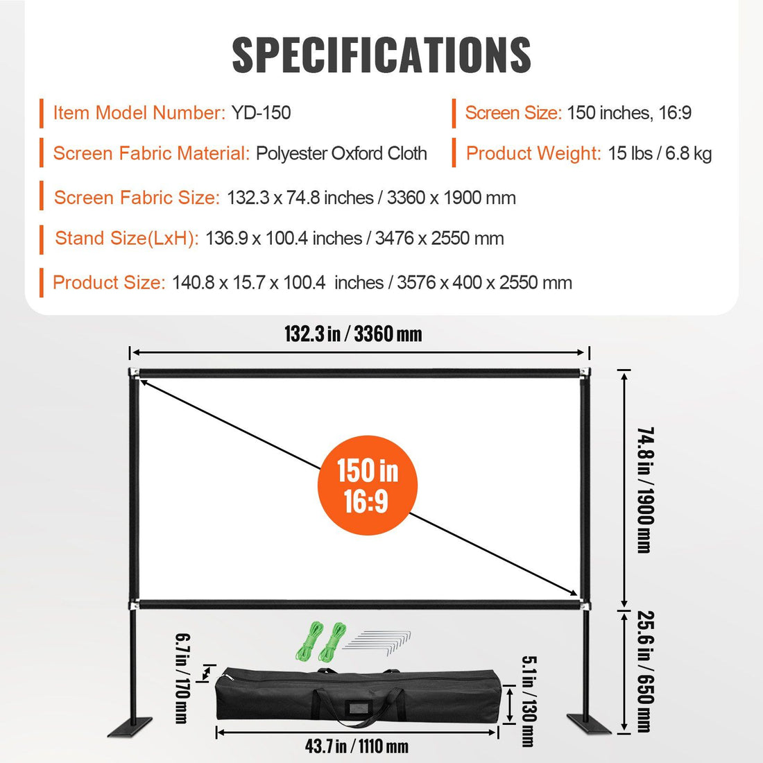 150-Inch Portable Projector Screen Stand alternate angle. 150 inch portable projector screen