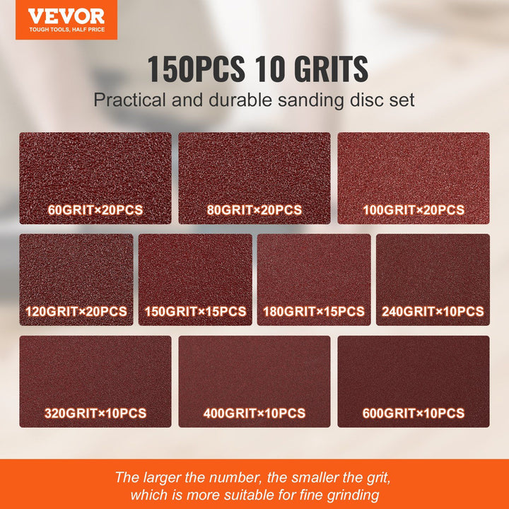 150-piece 5-inch sanding discs set with 60 to 600 grit