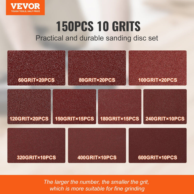 150-piece 5-inch sanding discs set with 60 to 600 grit